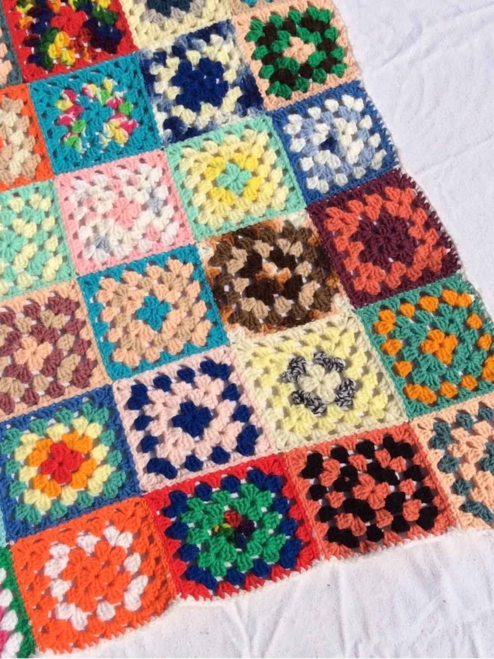 Vintage Handmade Colorful Crochet Granny Square Blanket